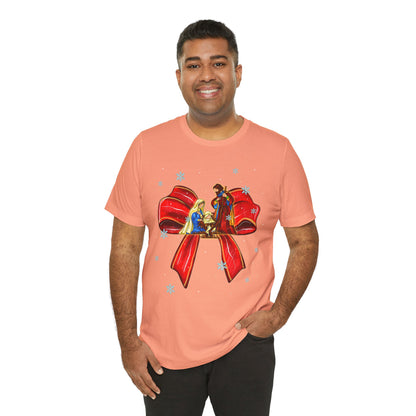 Nativity Scene Christmas Shirt – Coquette Bow Faith Tee, Jesus Holiday Pajama Top