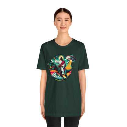 Jesus Riding Dinosaur Shirt – UFO Alien Cross Retro Christian God Tee