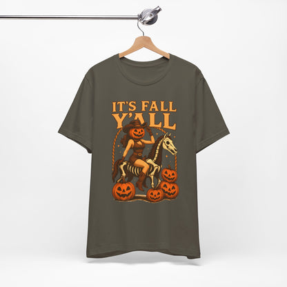 It’s Fall Y’all Shirt – Pumpkin Head Cowgirl Skeleton Horse Western Tee