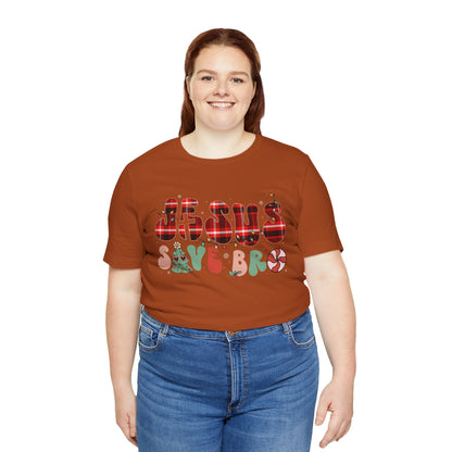 Groovy Jesus Saves Bro Shirt – Retro Red Plaid Christian Christmas Tee