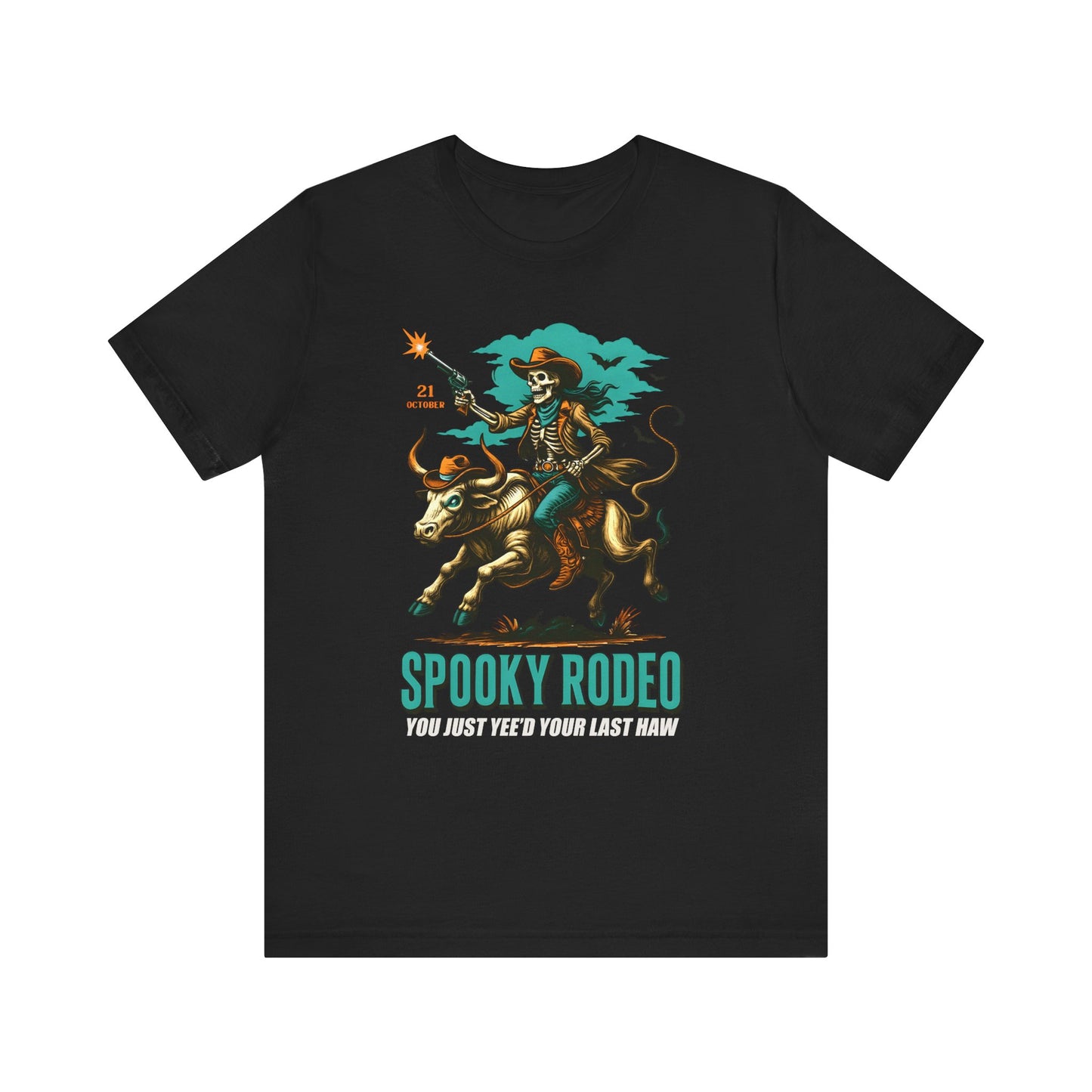 Spooky Rodeo Shirt Skeleton Cowboy Halloween Tee, Western Bull Rider Graphic for Fall