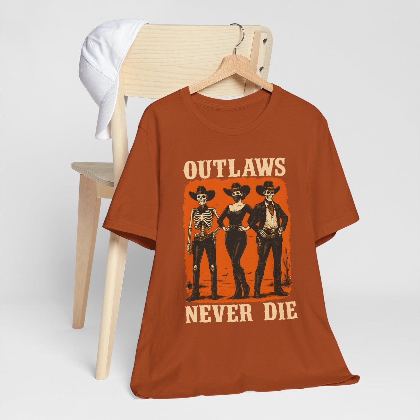 Outlaws Never Die Shirt – Gothic Western Skeleton Cowboy Halloween Tee