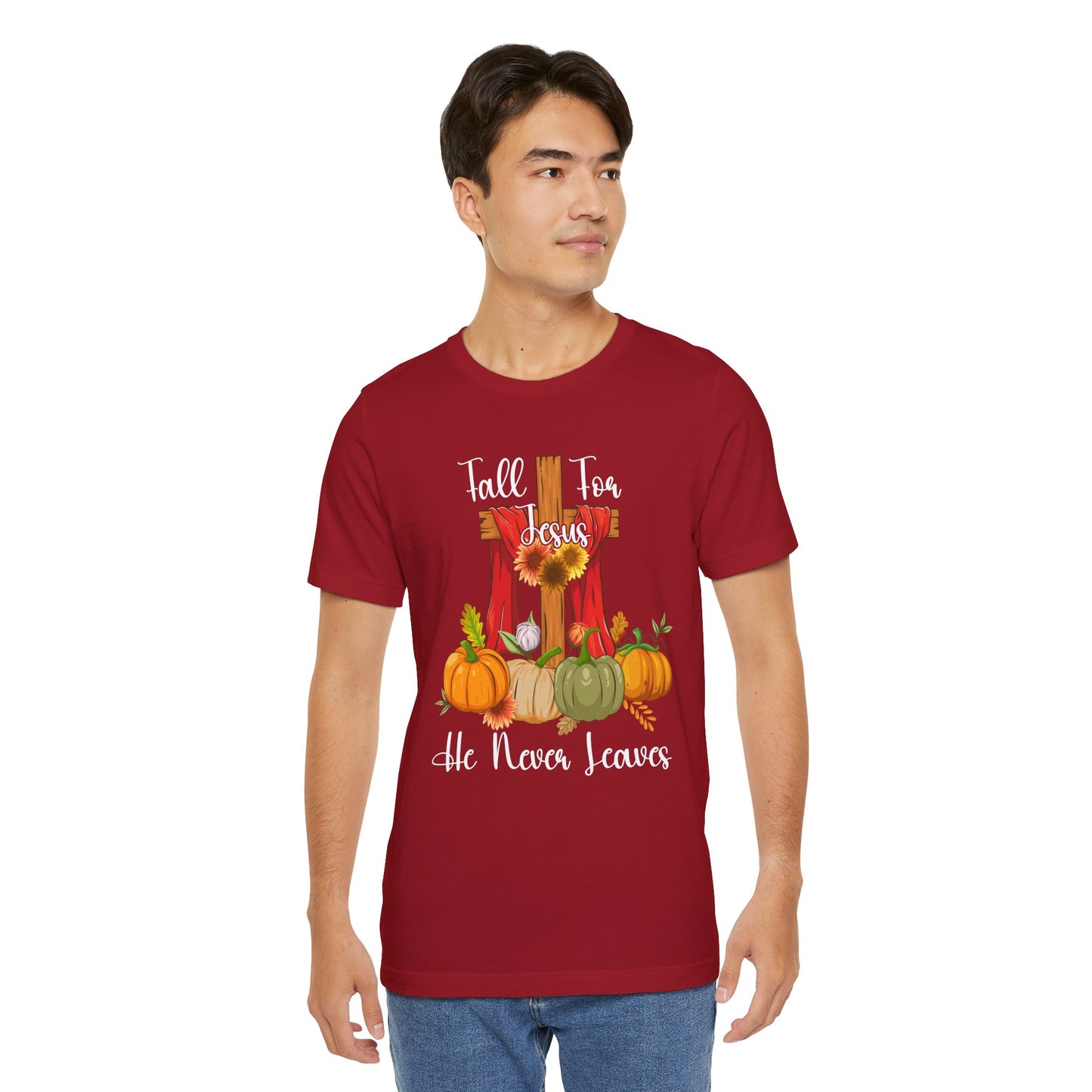 Fall for Jesus He Never Leaves Shirt – Retro Christian Thanksgiving Faith Tee