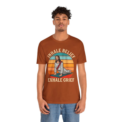 Jesus Inhale Belief Exhale Grief Shirt – Christian Yoga Retro Faith Wellness Tee