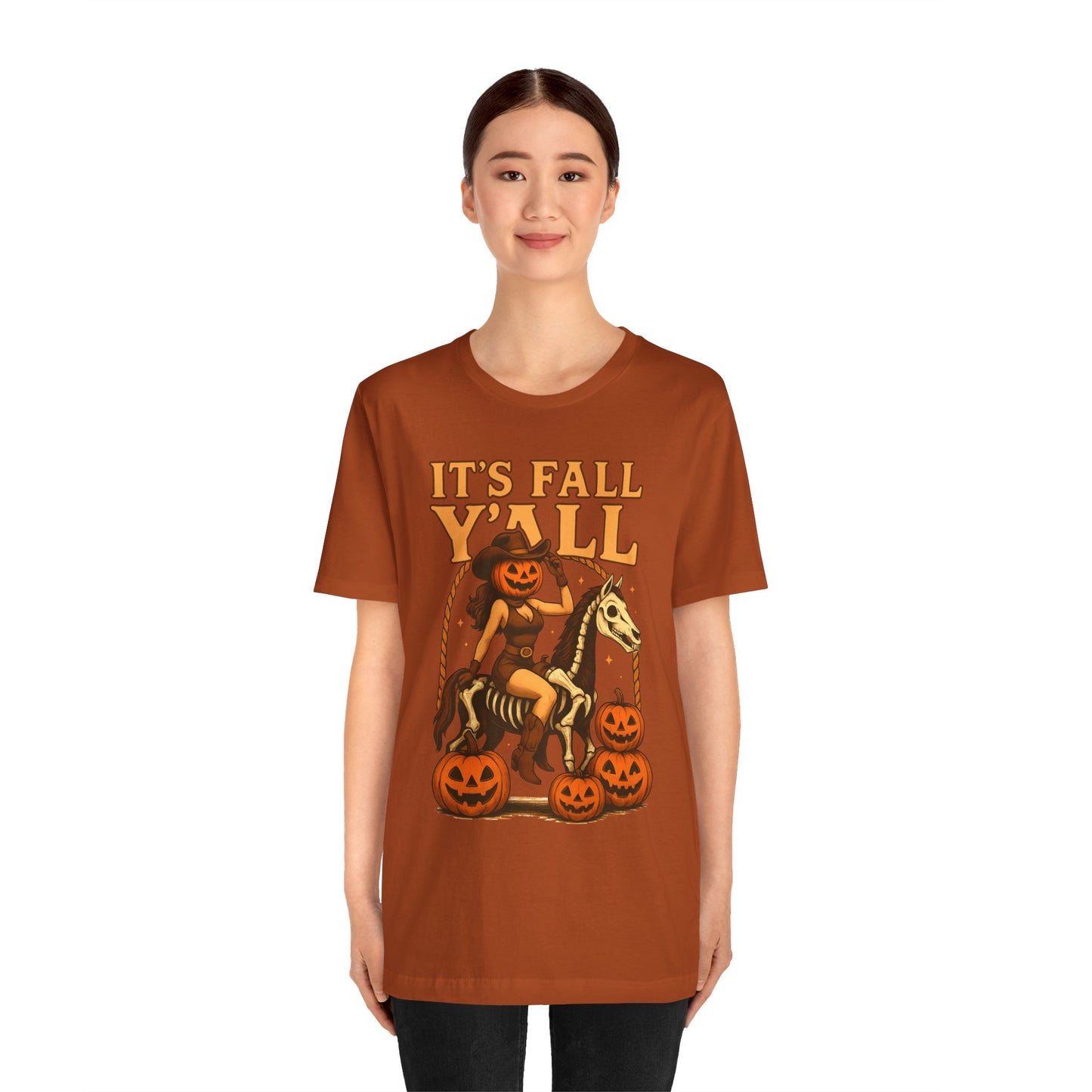 It’s Fall Y’all Shirt – Pumpkin Head Cowgirl Skeleton Horse Western Tee