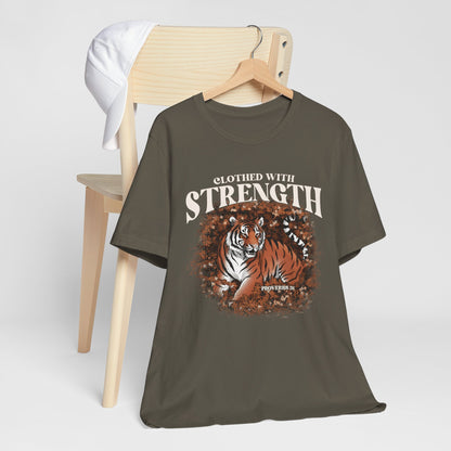 Clothed With Strength Shirt – Christian Tiger Cherry Blossom Proverbs 31:25 Tee