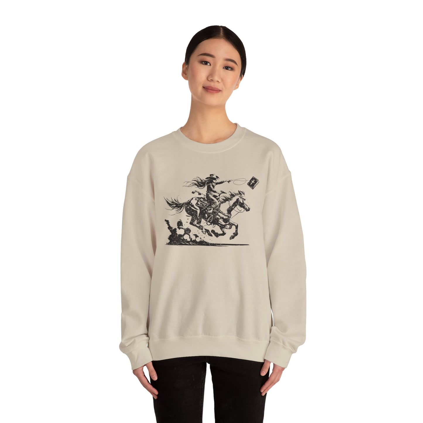 Cowgirl Riding Horse Sweatshirt – Christian Scripture Western Rodeo Texas Pullover