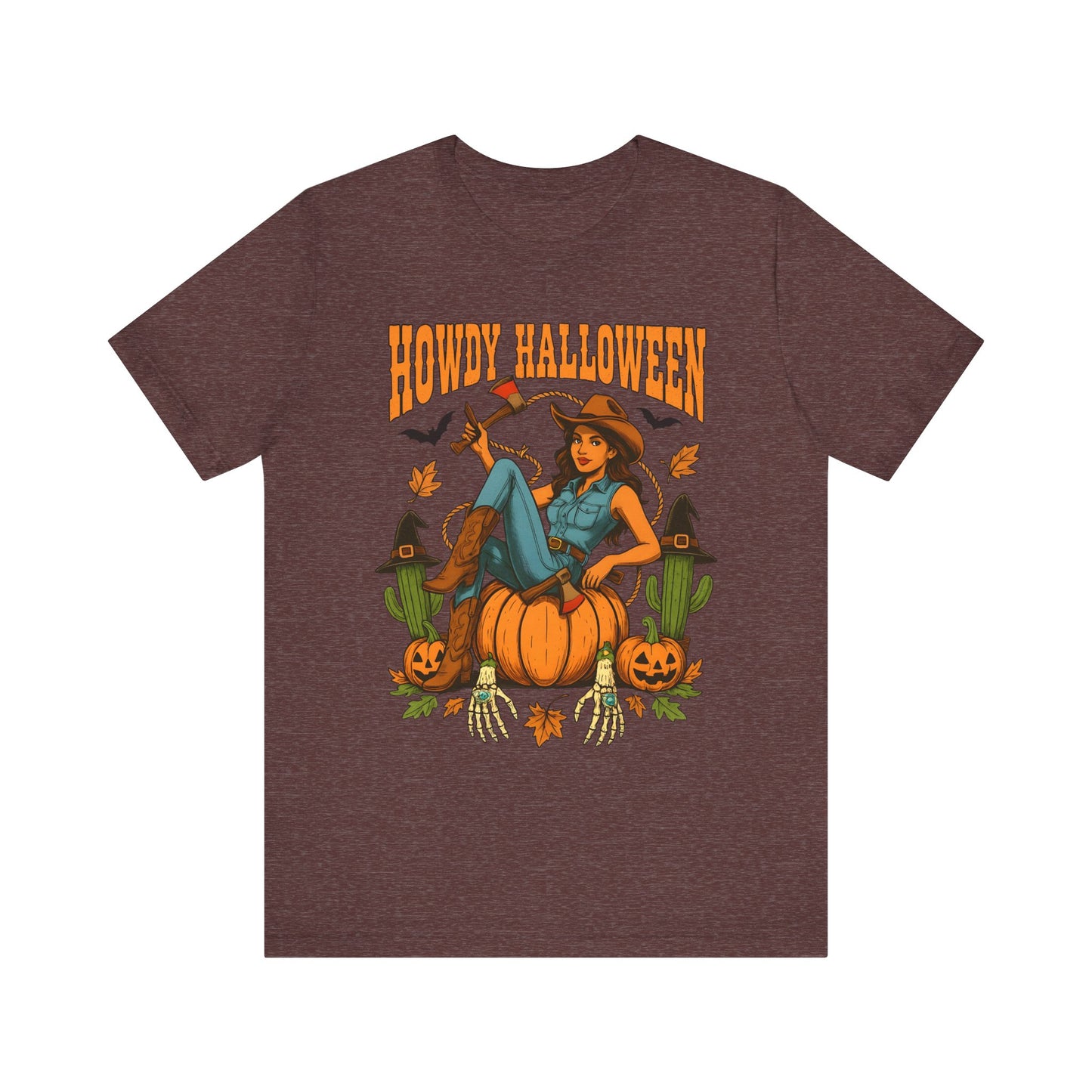 Howdy Halloween Shirt – Cowgirl on Pumpkin Tee with Skeleton Hands
