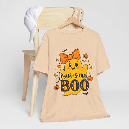 Jesus Is My Boo Shirt – Cute Christian Ghost with Bow Halloween Faith Tee