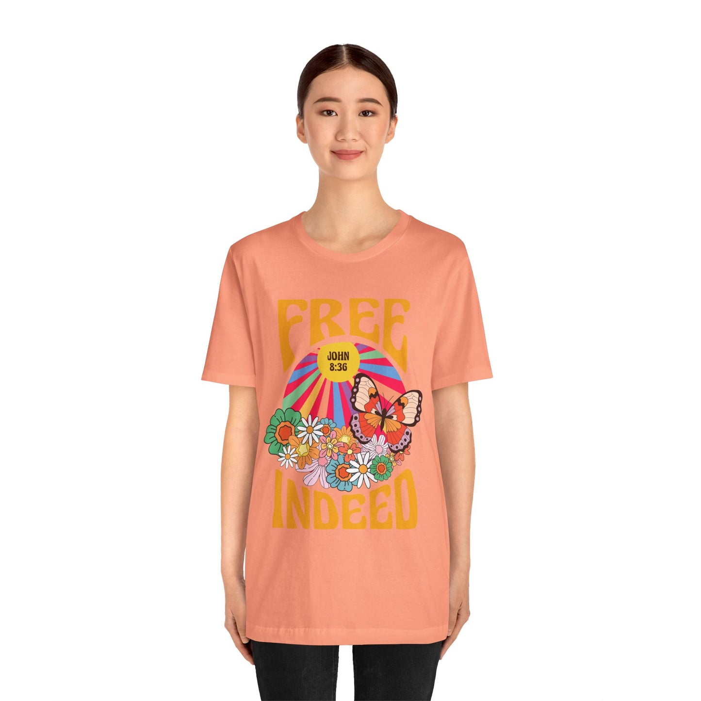 Free Indeed Shirt – Retro Flowers & Butterflies 80s John 8:36 Christian Tee