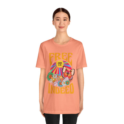 Free Indeed Shirt – Retro Flowers & Butterflies 80s John 8:36 Christian Tee