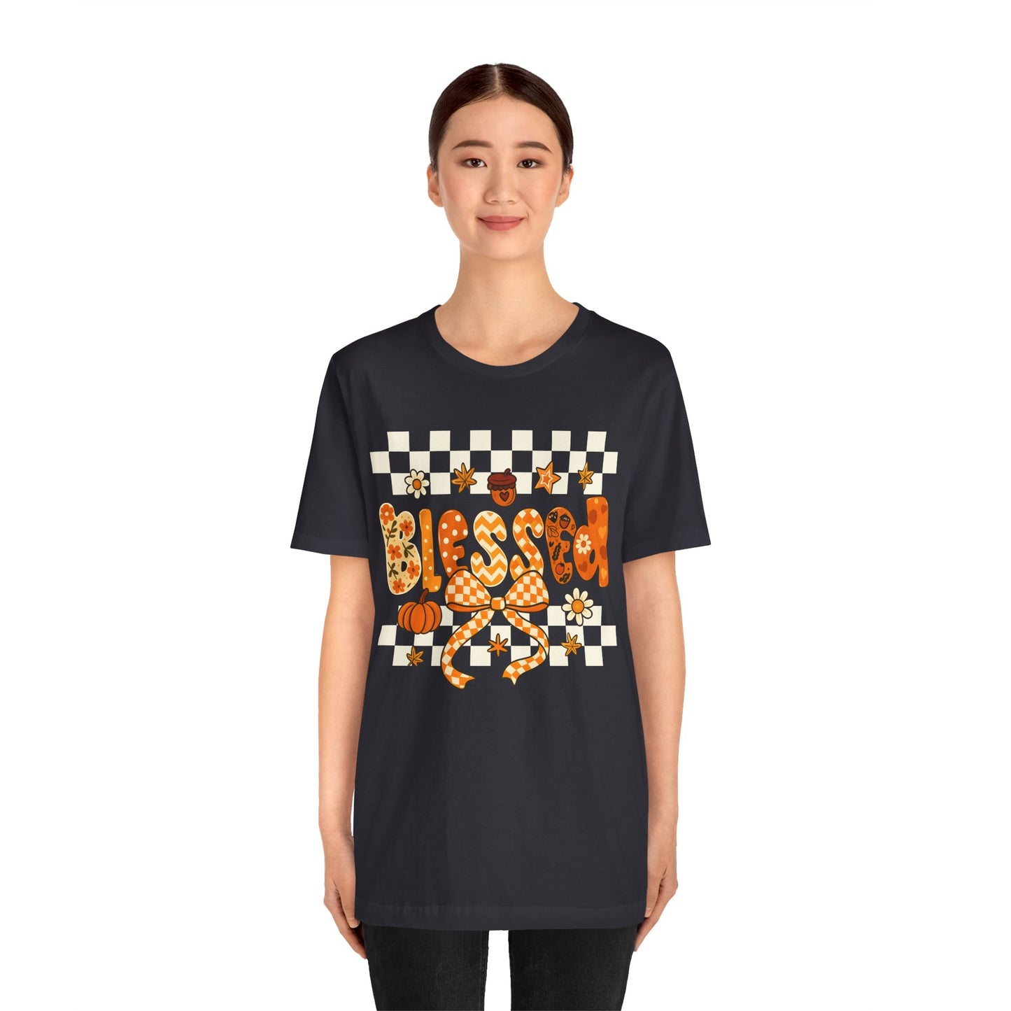 Blessed Checkerboard Pumpkin Shirt – Christian Thankful Fall Thanksgiving Tee