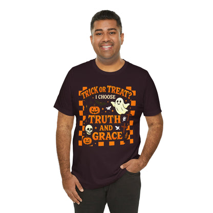 Trick or Treat I Choose Truth and Grace Shirt – Christian Halloween Faith Tee