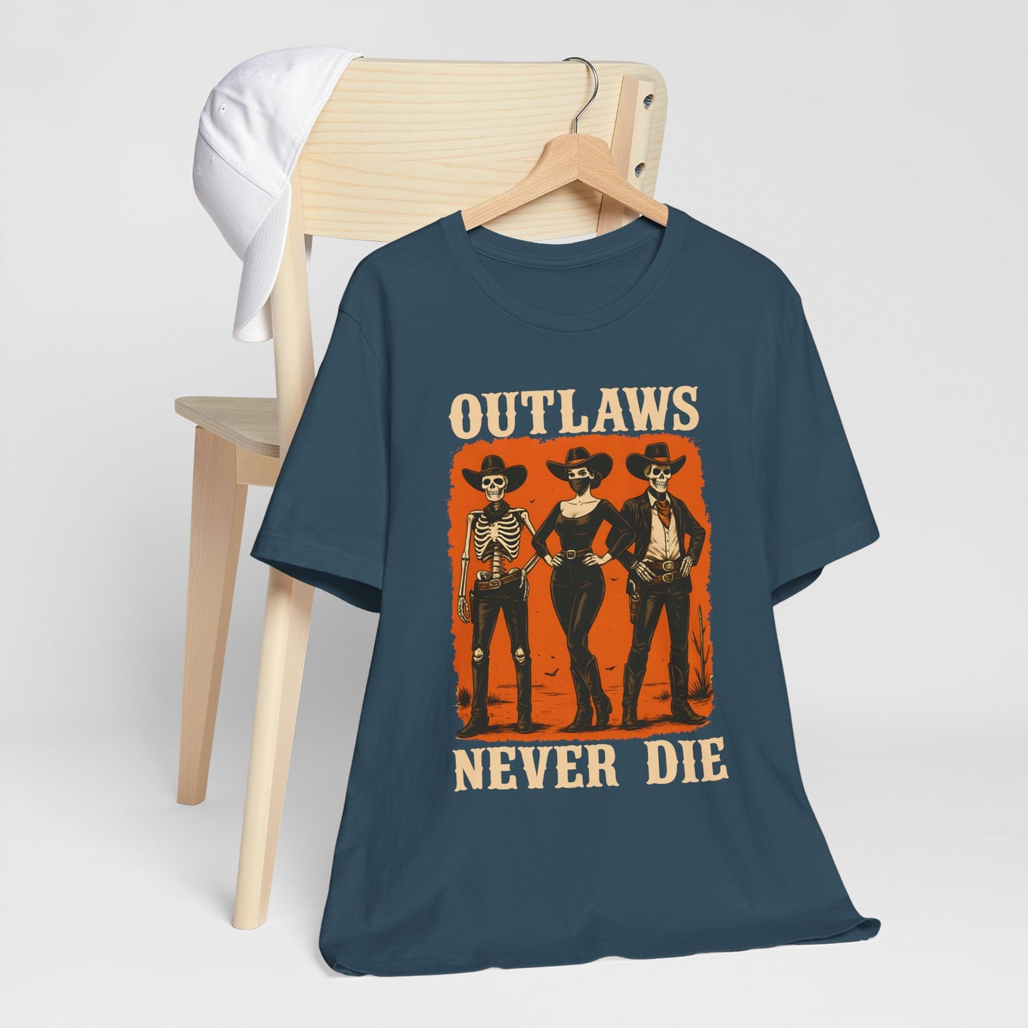 Outlaws Never Die Shirt – Gothic Western Skeleton Cowboy Halloween Tee