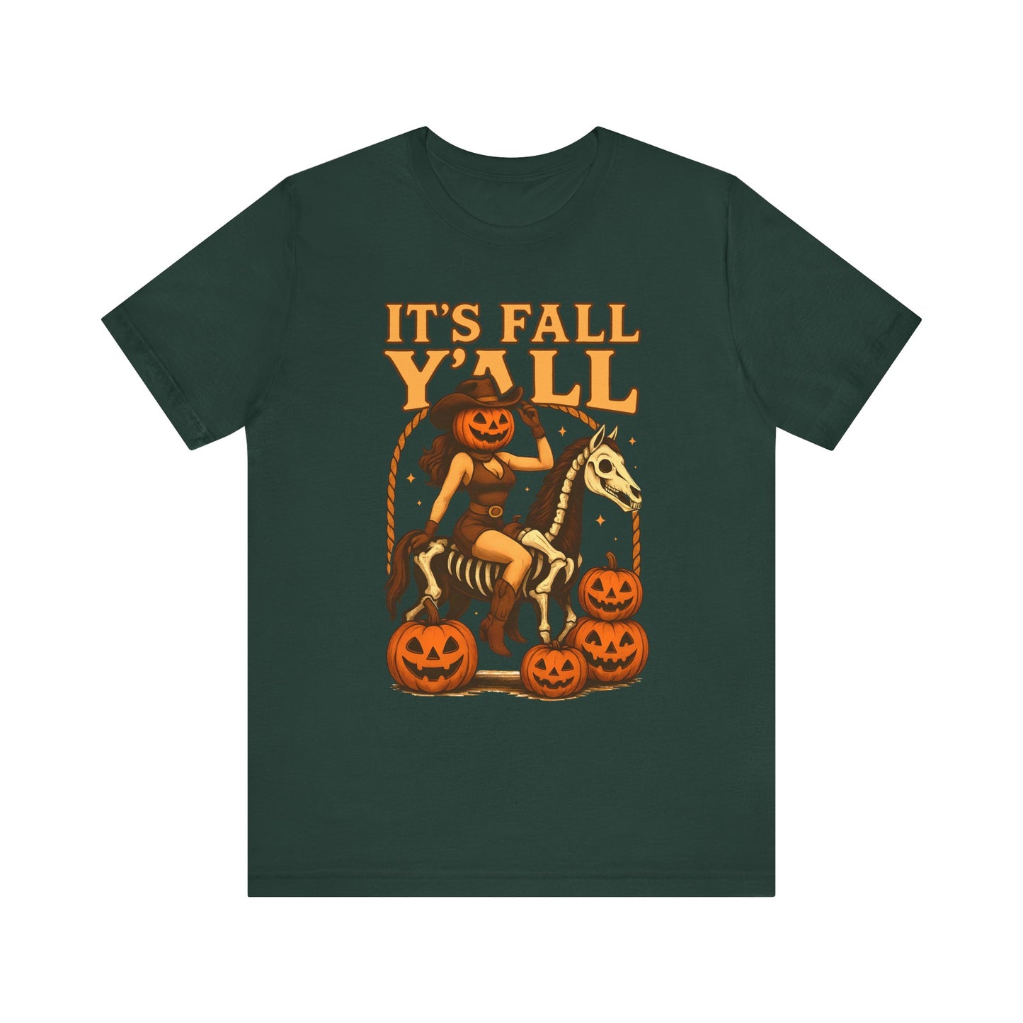 It’s Fall Y’all Shirt – Pumpkin Head Cowgirl Skeleton Horse Western Tee
