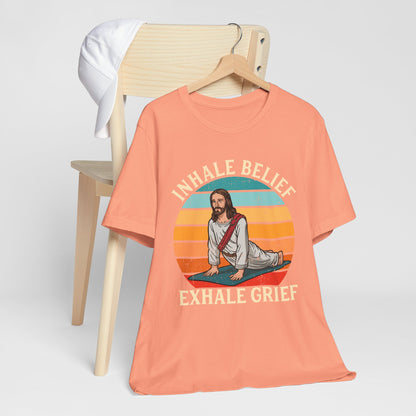 Jesus Inhale Belief Exhale Grief Shirt – Christian Yoga Retro Faith Wellness Tee