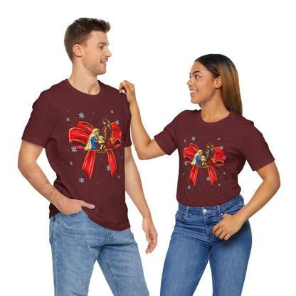 Nativity Scene Christmas Shirt – Coquette Bow Faith Tee, Jesus Holiday Pajama Top