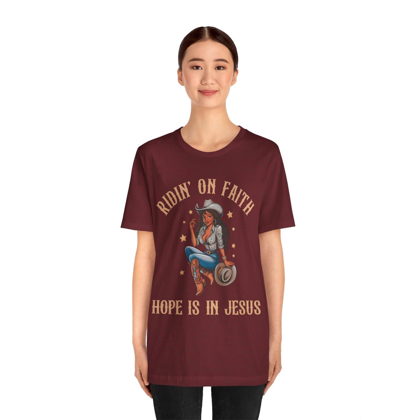 Ridin’ On Faith Cowgirl Shirt – Black Christian Western Jesus Tee