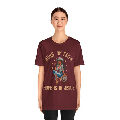 Ridin’ On Faith Cowgirl Shirt – Black Christian Western Jesus Tee