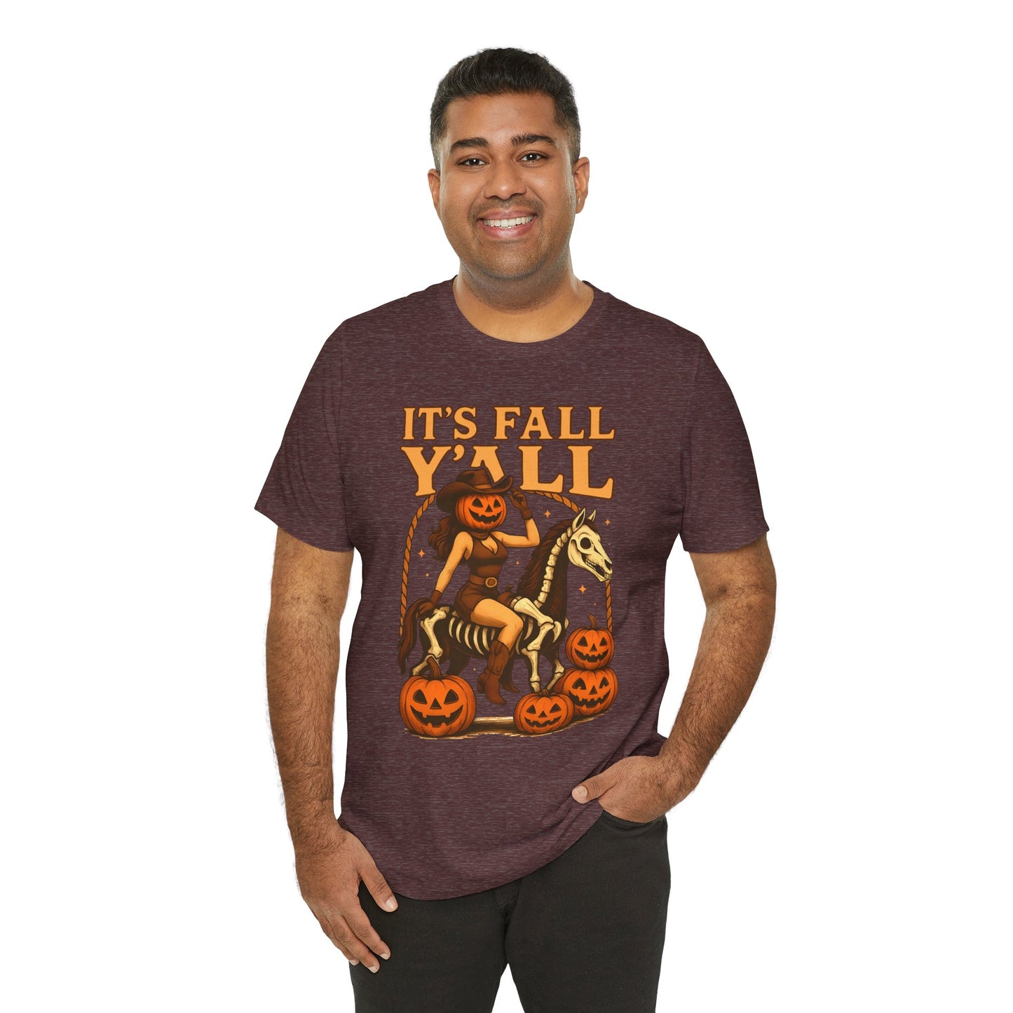 It’s Fall Y’all Shirt – Pumpkin Head Cowgirl Skeleton Horse Western Tee
