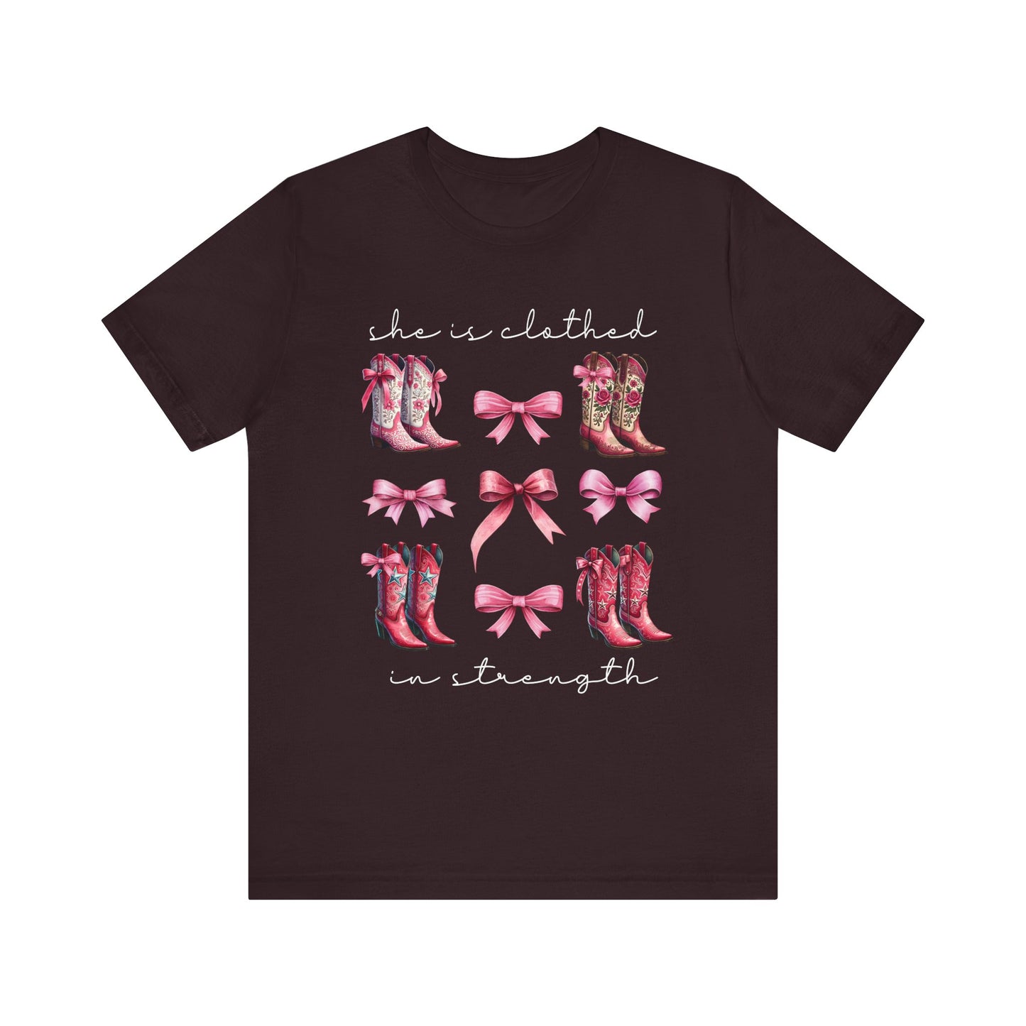 She Is Clothed in Strength Shirt – Western Boots Coquette Christian Tee