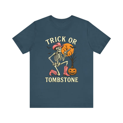 Trick or Tombstone Shirt Funny Skeleton Cowboy Halloween Tee, Spooky Western Rodeo Outfit