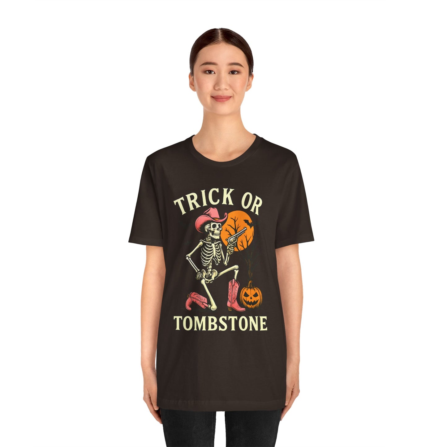 Trick or Tombstone Shirt Funny Skeleton Cowboy Halloween Tee, Spooky Western Rodeo Outfit