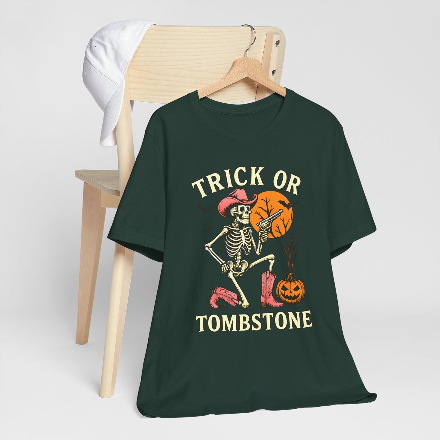 Trick or Tombstone Shirt Funny Skeleton Cowboy Halloween Tee, Spooky Western Rodeo Outfit