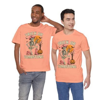 Trick or Tombstone Shirt Funny Skeleton Cowboy Halloween Tee, Spooky Western Rodeo Outfit