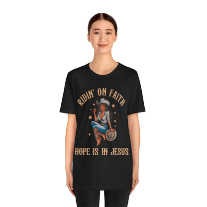 Ridin’ On Faith Cowgirl Shirt – Black Christian Western Jesus Tee