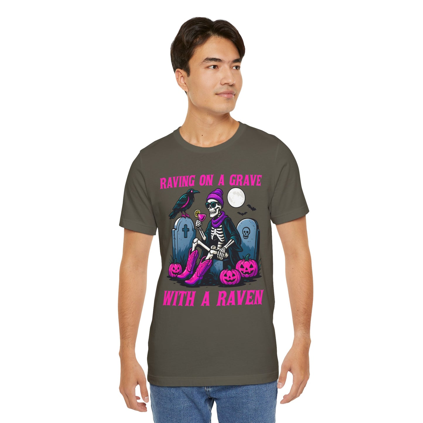 Raving on a Grave Shirt – Halloween Skeleton Raven Gothic Party Tee