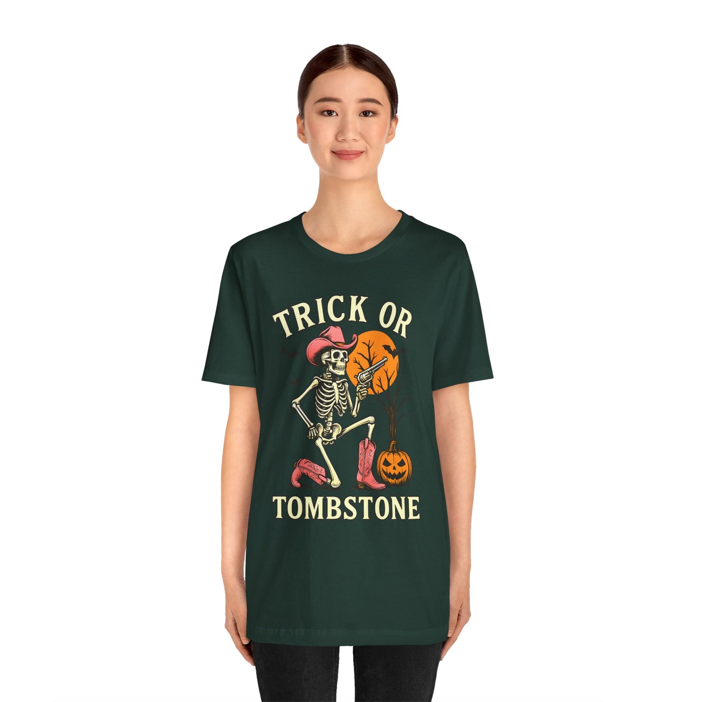 Trick or Tombstone Shirt Funny Skeleton Cowboy Halloween Tee, Spooky Western Rodeo Outfit