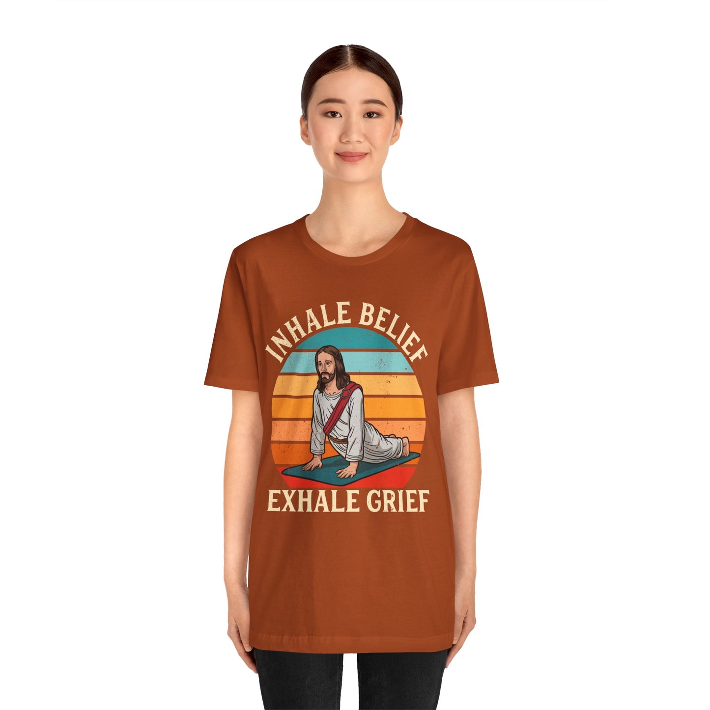 Jesus Inhale Belief Exhale Grief Shirt – Christian Yoga Retro Faith Wellness Tee