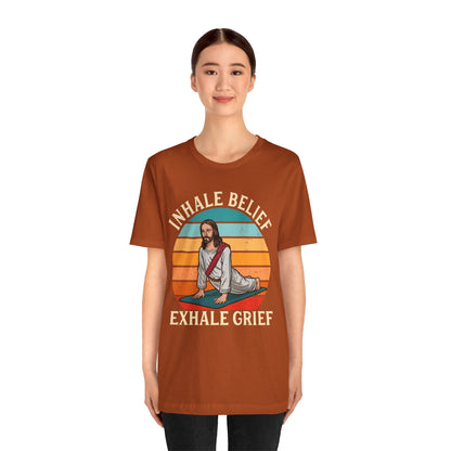 Jesus Inhale Belief Exhale Grief Shirt – Christian Yoga Retro Faith Wellness Tee