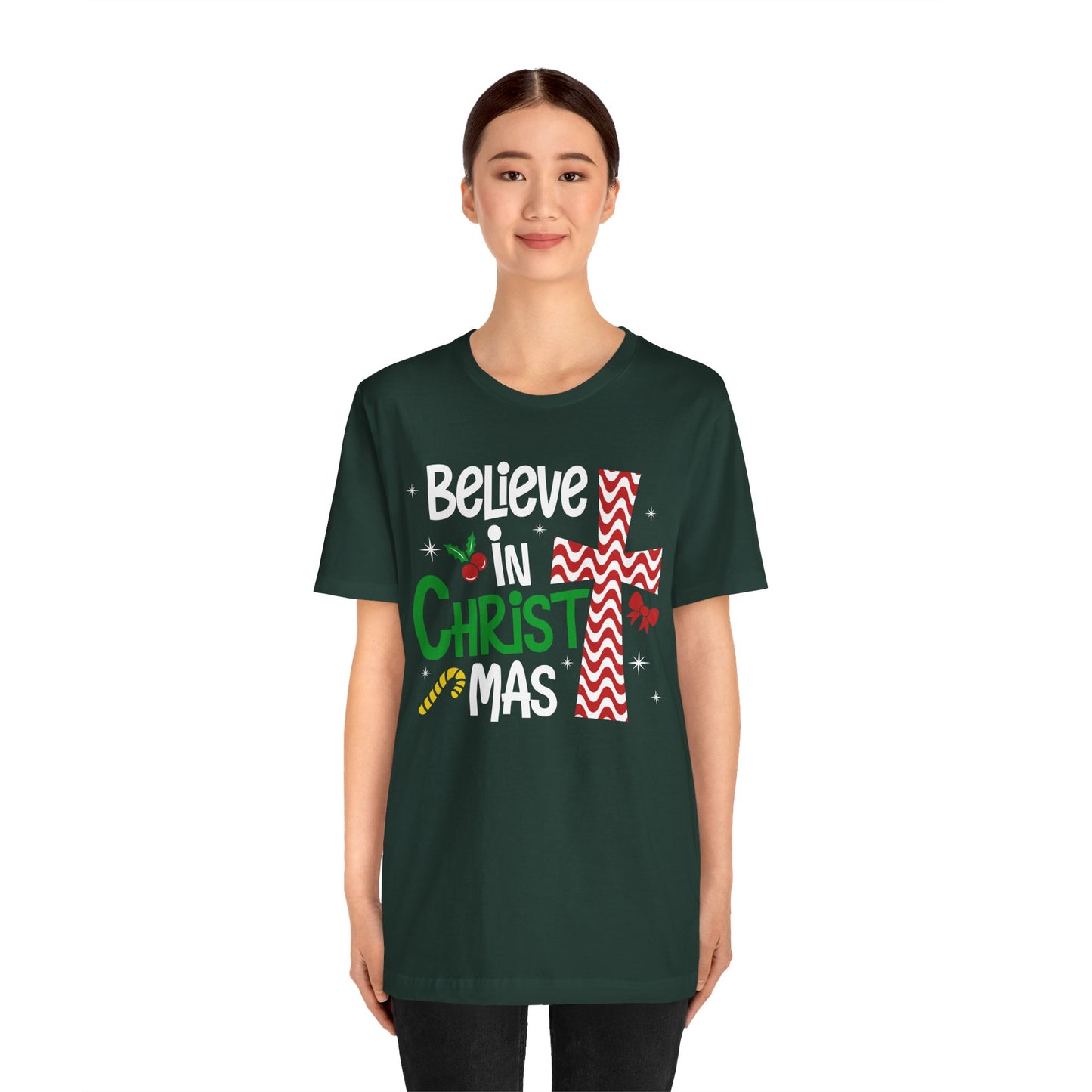 Believe in Christ Christmas Shirt – Christian Faith Jesus Cross Holiday Tee