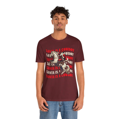 Santa Is a Cowboy Shirt – Western Christmas Tee, Texas Horseback Santa Claus