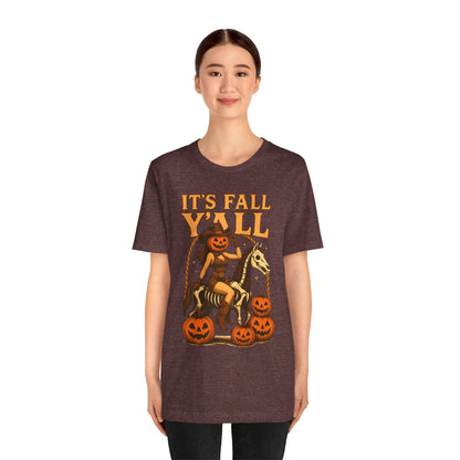 It’s Fall Y’all Shirt – Pumpkin Head Cowgirl Skeleton Horse Western Tee