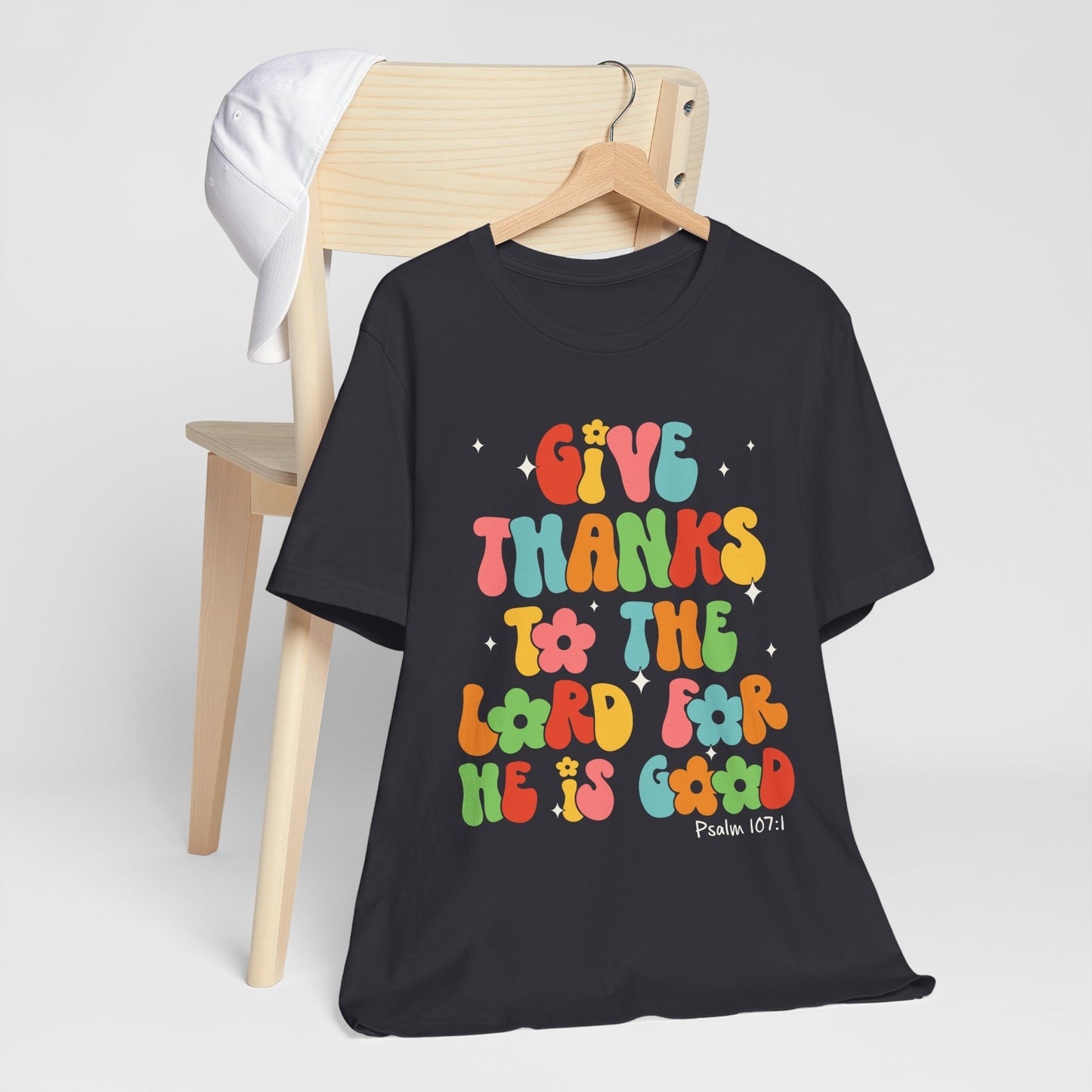 Give Thanks to the Lord Shirt – Groovy Psalm 107:1 Christian Bible Verse Tee