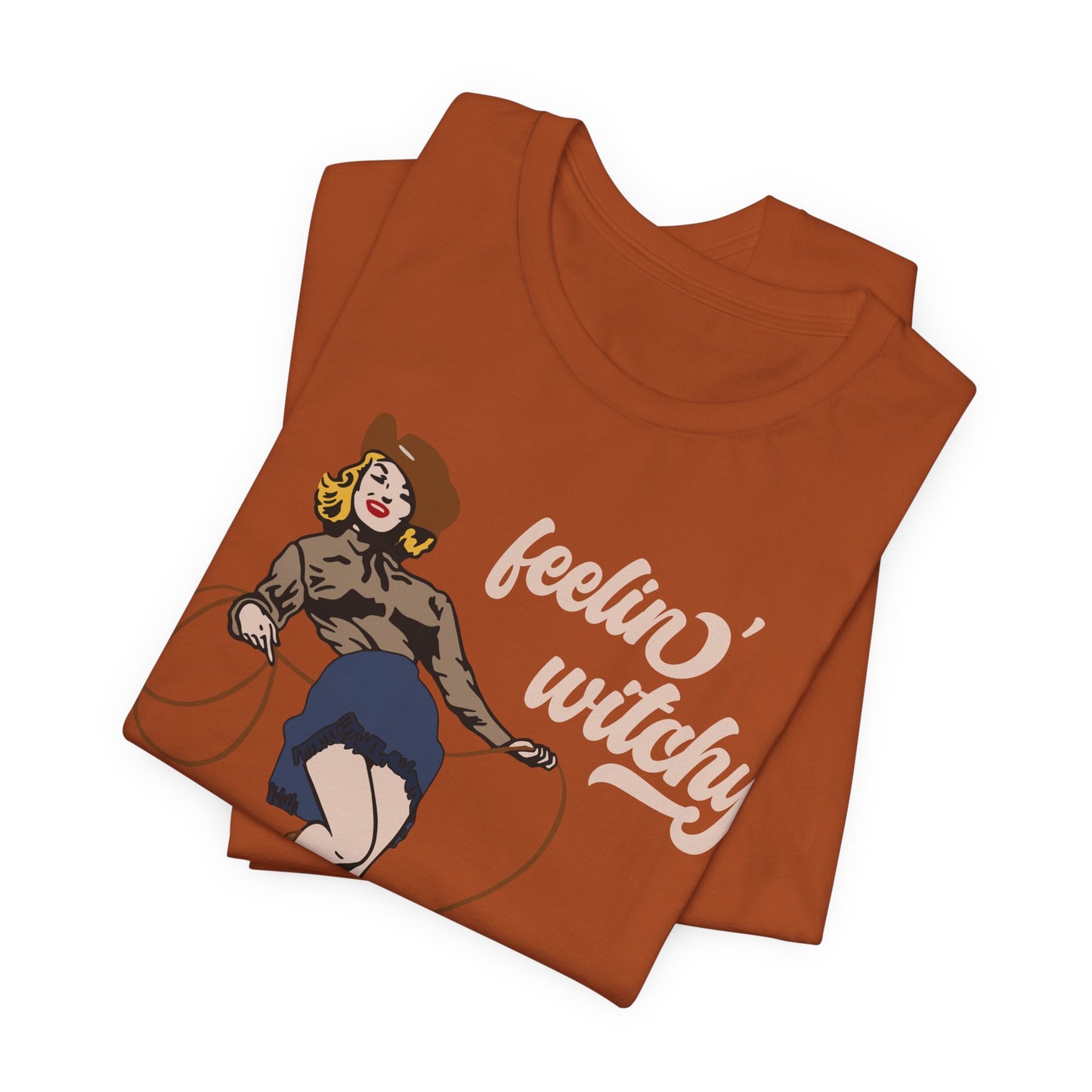 Feeling Witchy Shirt – Vintage Pin-Up Girl & Black Cat Halloween Tee