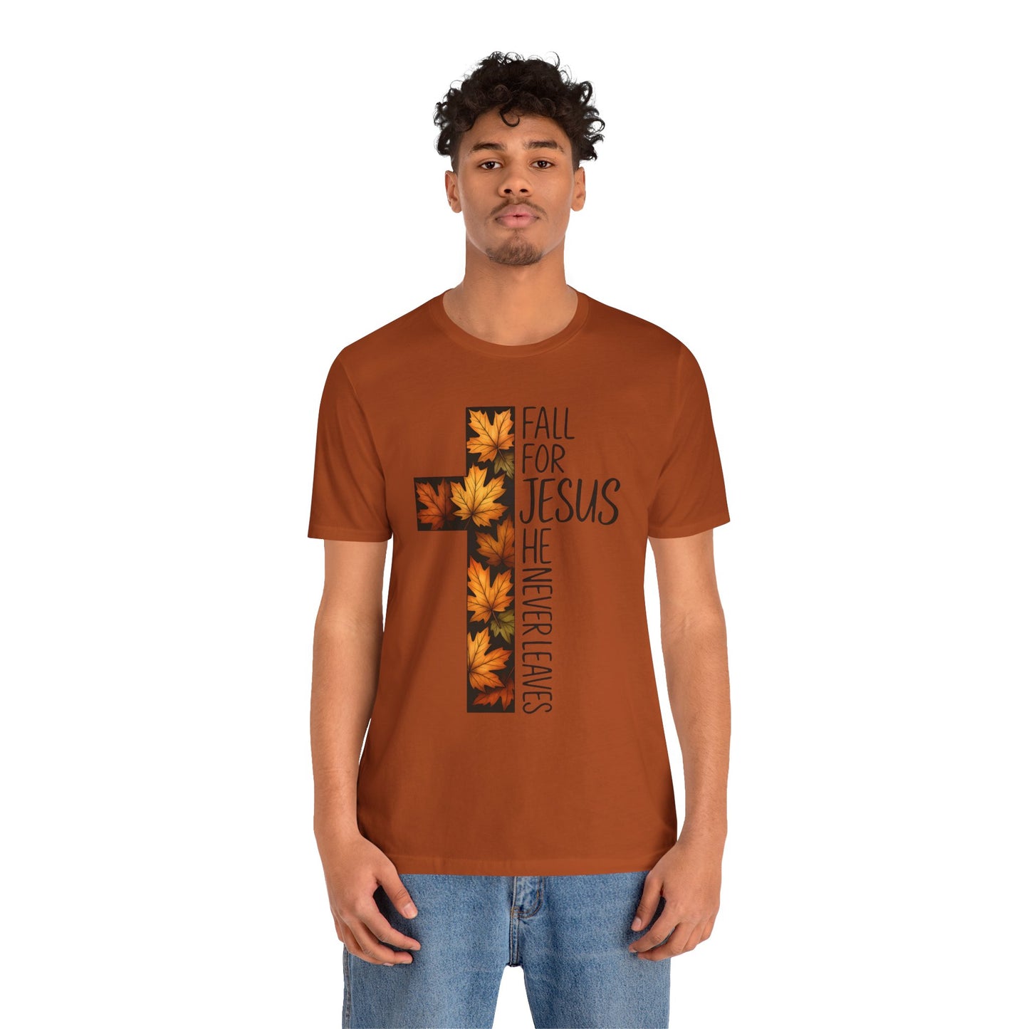 Fall for Jesus He Never Leaves Shirt – Retro Christian Cross Thanksgiving Tee