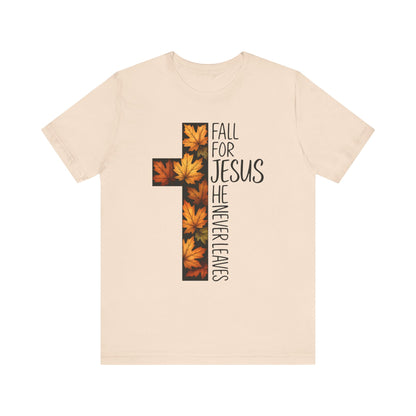 Fall for Jesus He Never Leaves Shirt – Retro Christian Cross Thanksgiving Tee