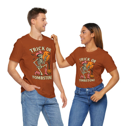 Trick or Tombstone Shirt Funny Skeleton Cowboy Halloween Tee, Spooky Western Rodeo Outfit