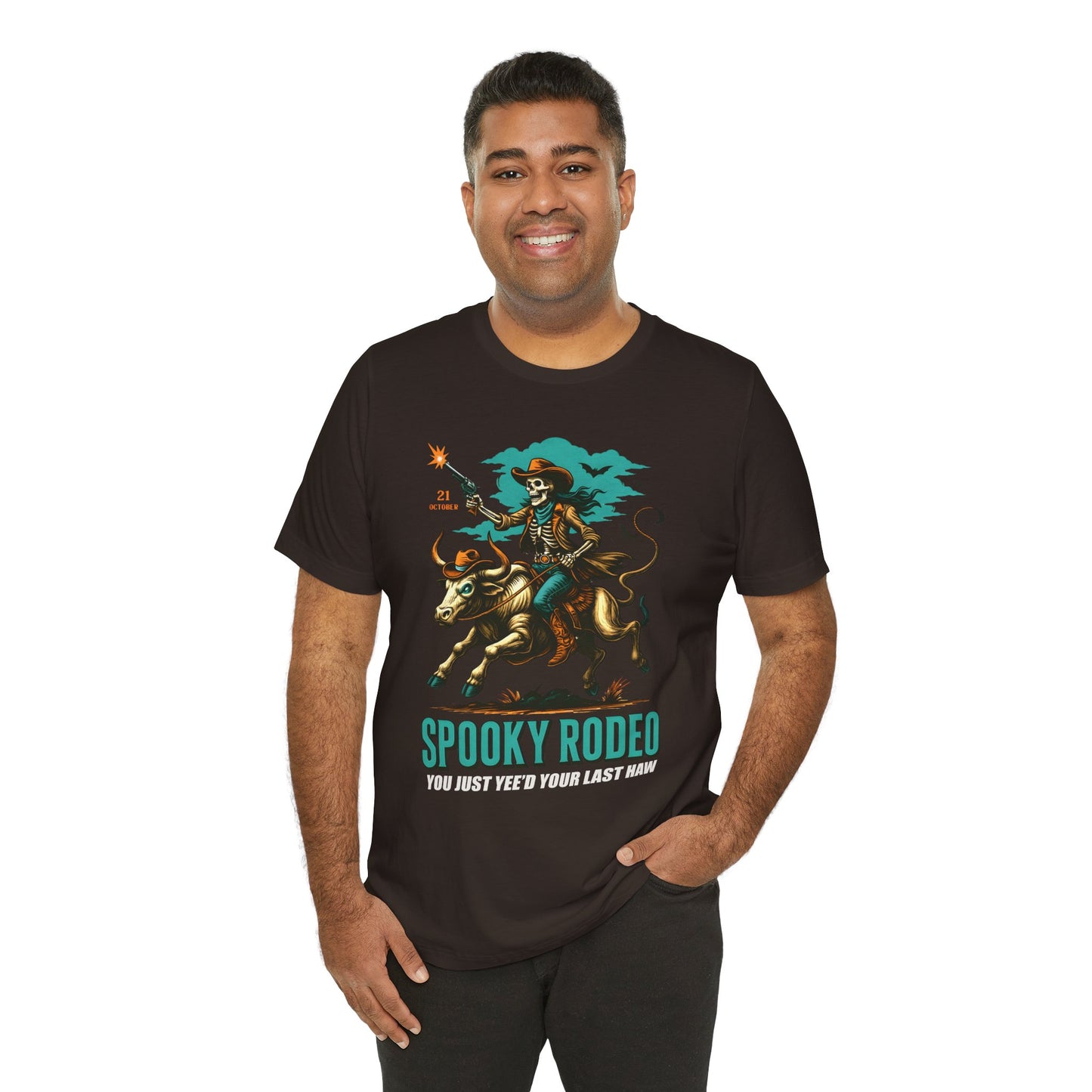 Spooky Rodeo Shirt Skeleton Cowboy Halloween Tee, Western Bull Rider Graphic for Fall