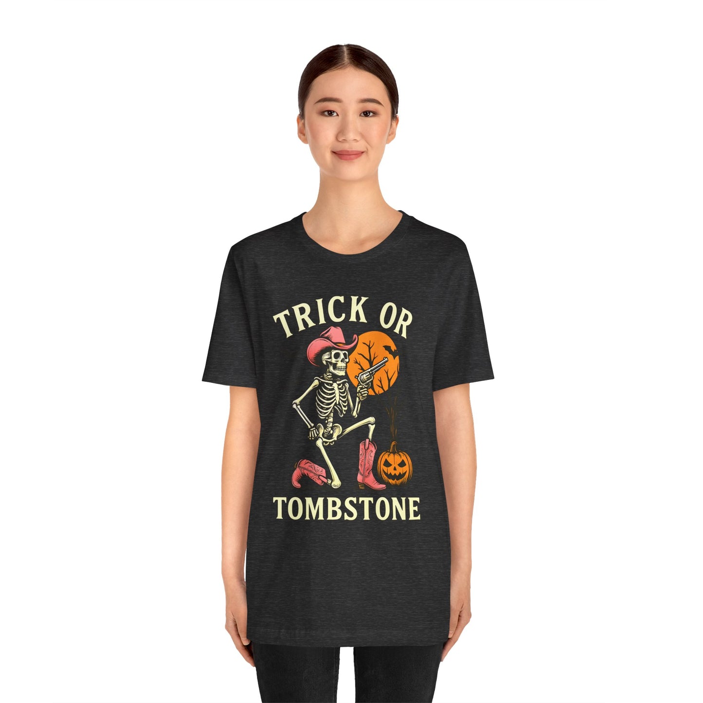 Trick or Tombstone Shirt Funny Skeleton Cowboy Halloween Tee, Spooky Western Rodeo Outfit