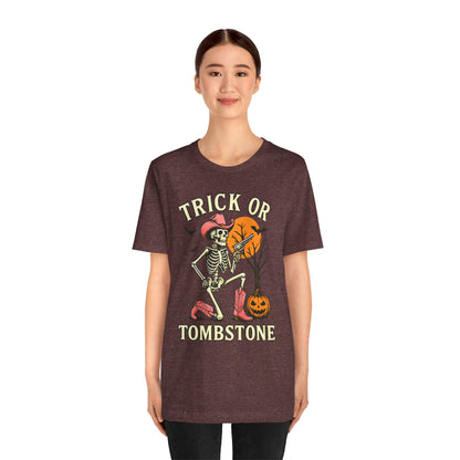 Trick or Tombstone Shirt Funny Skeleton Cowboy Halloween Tee, Spooky Western Rodeo Outfit