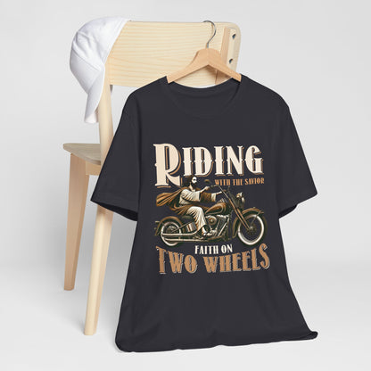 Riding With the Savior Shirt – Christian Biker Motorcycle Faith Graphic Tee