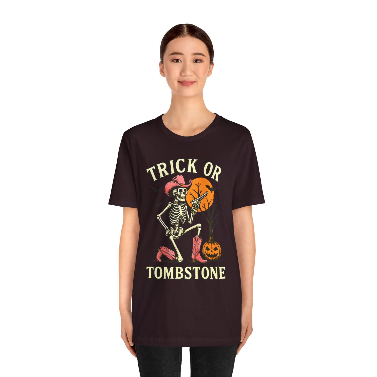 Trick or Tombstone Shirt Funny Skeleton Cowboy Halloween Tee, Spooky Western Rodeo Outfit