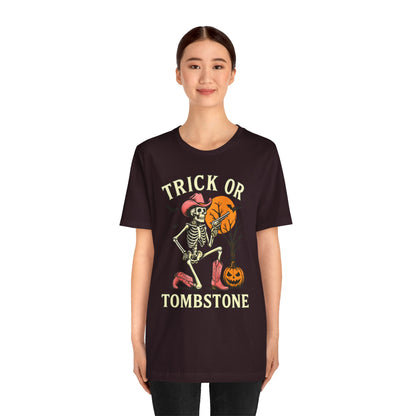 Trick or Tombstone Shirt Funny Skeleton Cowboy Halloween Tee, Spooky Western Rodeo Outfit
