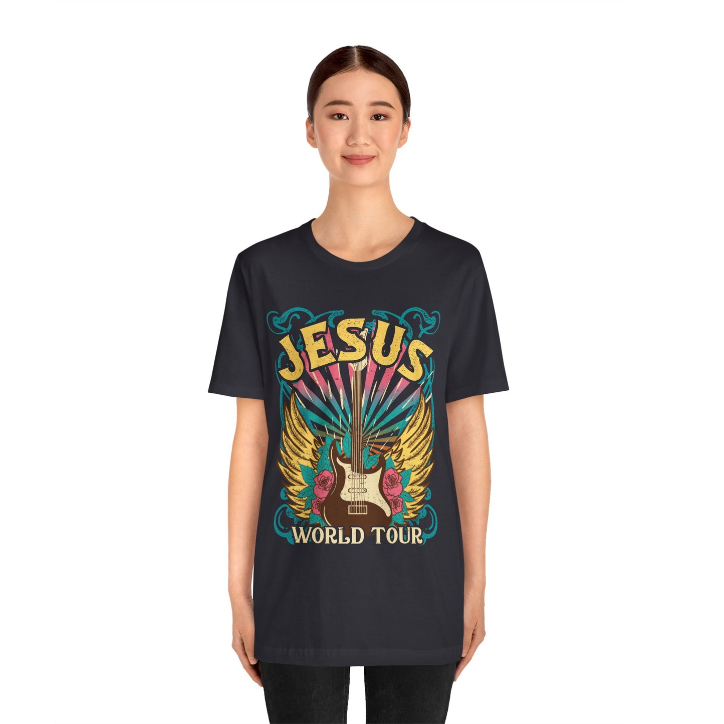 Jesus World Tour Shirt – Retro 70s 80s Rock Concert Guitar Christian Tee
