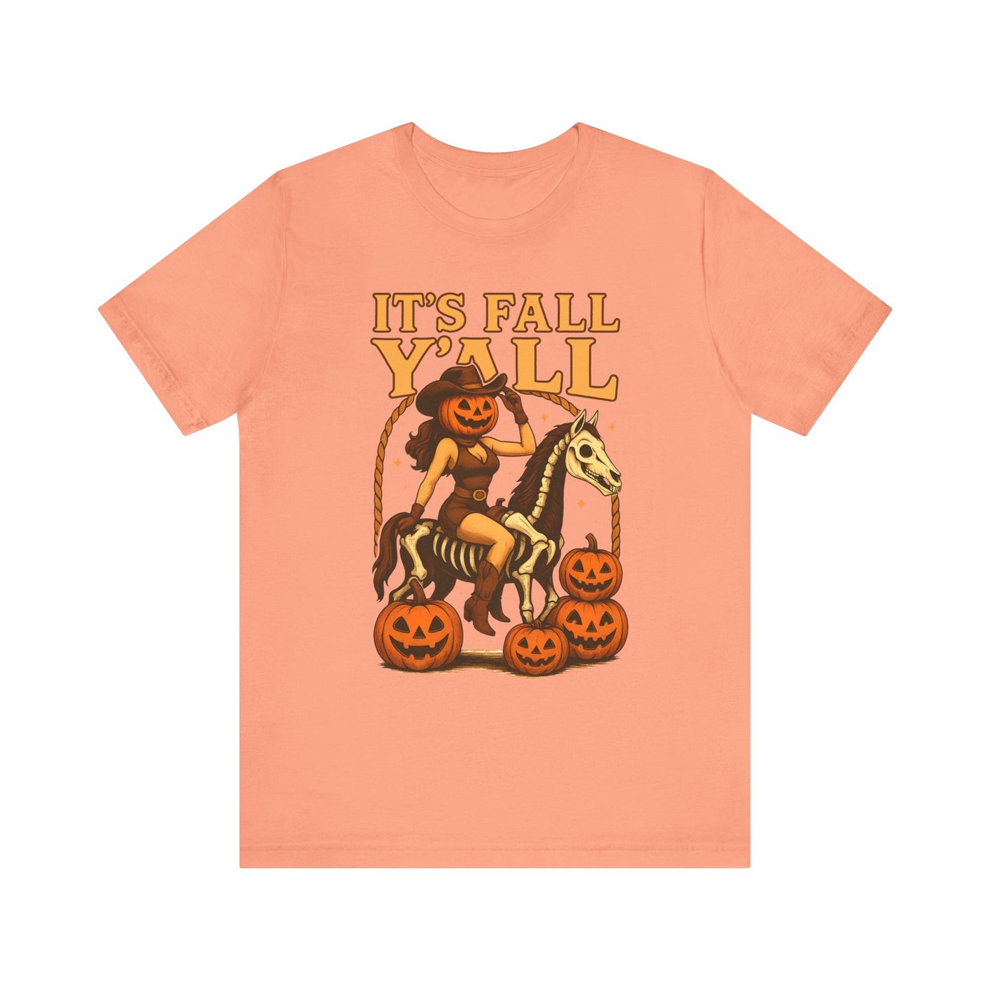 It’s Fall Y’all Shirt – Pumpkin Head Cowgirl Skeleton Horse Western Tee